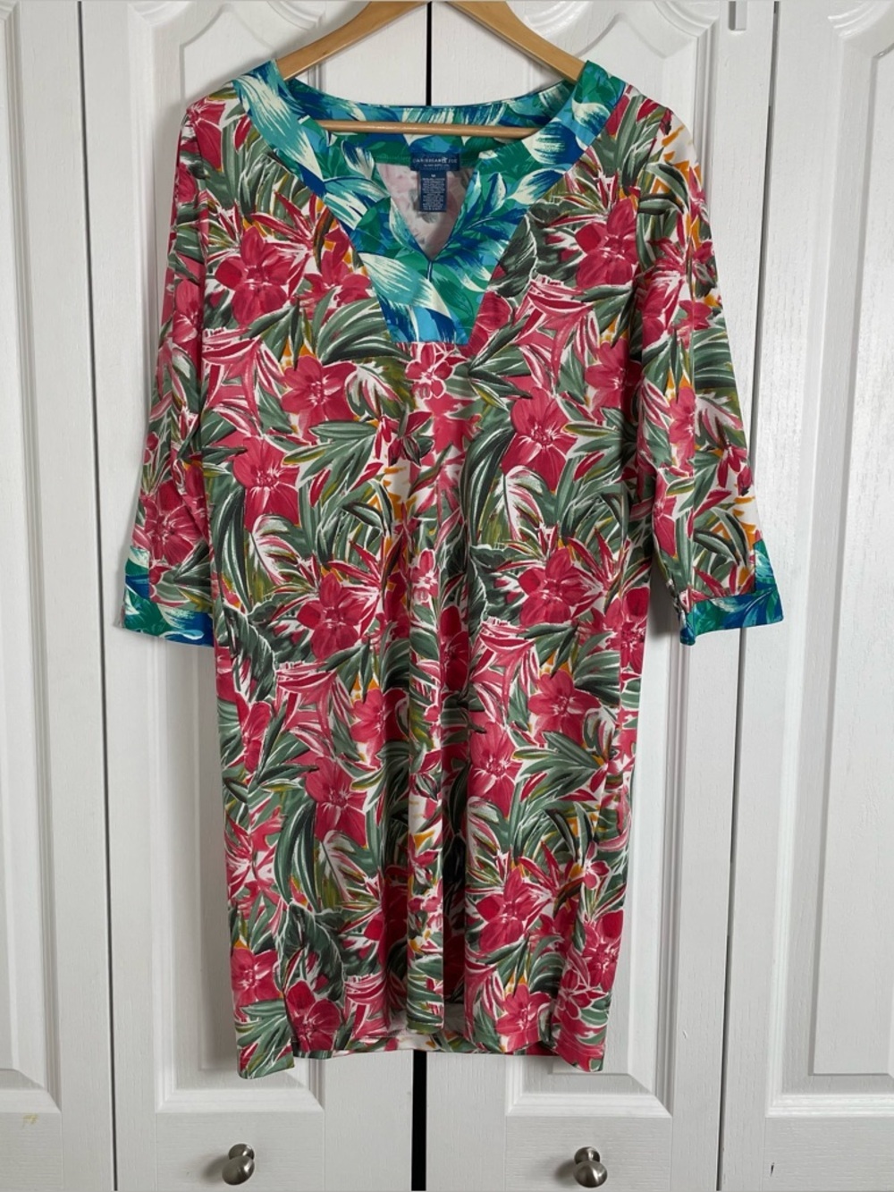 Caribbean Joe Relaxed Floral Dress Womens M Colorful 3/4 Sleeve Pull on Tropical - Picture 1 of 15